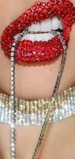 Close-up of red lips with gems and diamond chains, creating a glamorous art piece.