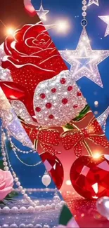 Glamorous red rose with starry background.