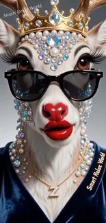 Reindeer with sunglasses and jeweled crown, stylish and glamorous.