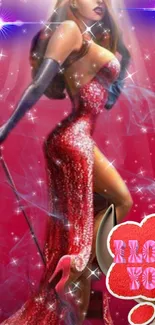 Glamorous retro singer in sparkling red gown with vintage flair.