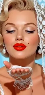 Glamorous woman with red lipstick and vintage lace.