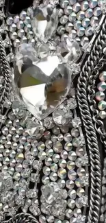 Luxurious rhinestone phone case with heart design and metallic details.