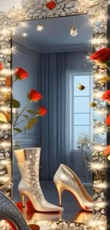 Glamorous mirror surrounded by red roses.
