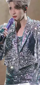 Performer in silver attire with purple mic on stage.