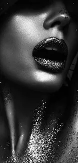 Glamorous silver glitter makeup art in monochrome.