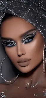 Glamorous art wallpaper with striking makeup and sparkles.