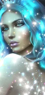 Mystical woman with blue hair and stars, mobile wallpaper.