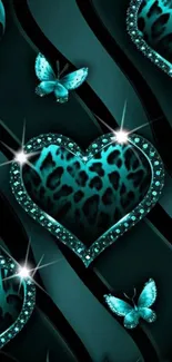 Teal heart and butterfly wallpaper with sparkling accents.