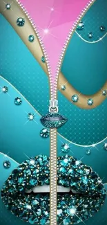 Glamorous teal zipper wallpaper with sparkling gems and intricate design elements.