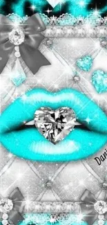 Turquoise lips with diamond heart and pearls mobile wallpaper.