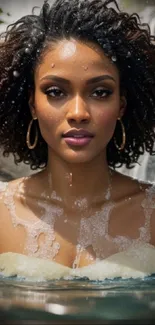 Portrait of a woman in a waterfall with curly hair, exuding elegance.