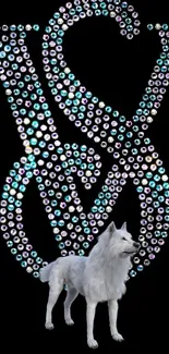 White wolf with diamond letters on black background.