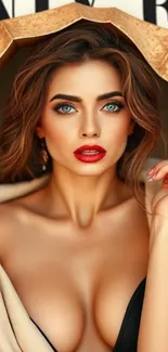 Glamorous woman portrait with blue eyes and red lips.