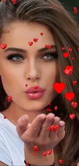 Glamorous woman blows kiss with red hearts.