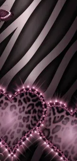Pink and black zebra heart wallpaper with butterfly accents.