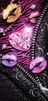 Glamorous purple zebra heart wallpaper with jewel accents.