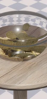 Glass bowl filled with coins on wooden table, checkered background.