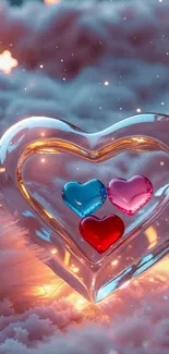 Glass heart with colorful hearts on a dreamy pink background.