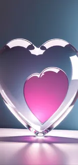 Glass heart sculpture with pink center over blue background.