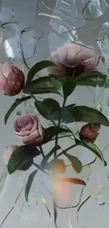 Pink roses encased in clear glass against a light gray background.