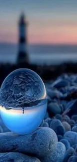 Glass sphere on a pebble beach at sunset with a lighthouse in the background.