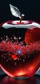 Gleaming crystal apple with red gems on dark background.