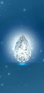 Gleaming crystal drop on bright blue background.