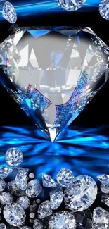 Gleaming diamond and scattered smaller stones with blue accents on black background.