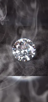 A close-up of a sparkling diamond surrounded by ethereal smoke on a dark background.