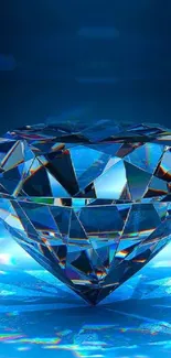 Gleaming diamond on a reflective blue background with vibrant light effects.