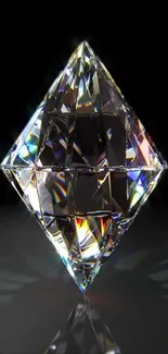 Shiny diamond with colorful reflections on black.