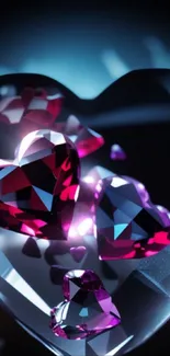 Gleaming colorful heart gems on a dark background as mobile wallpaper.