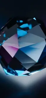 Glowing geometric gemstone with blue and violet hues on a dark background.