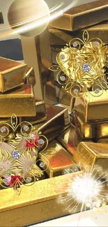 Pile of gold bars with jewels in a cosmic design.