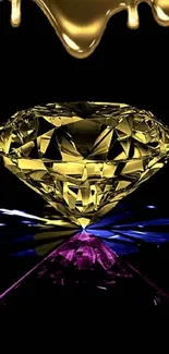 A golden diamond with purple and blue reflections on a black background.