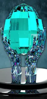 Turquoise crystal held by metallic hands on wallpaper.