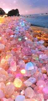 Mobile wallpaper of a beach with pink crystals and a colorful sky.