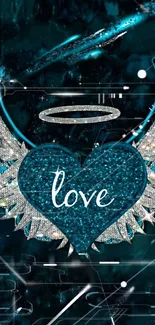 Sparkling blue heart with wings and halo on a teal background wallpaper.