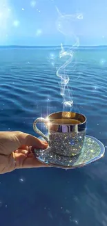 A glittering coffee cup against a tranquil blue ocean backdrop.