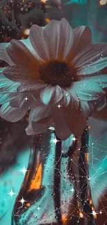 Glistening daisy illuminated at night with water droplets and teal accents.