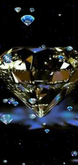 A dazzling diamond surrounded by glowing gems on a dark background.