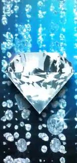 Glistening diamond with sparkling gems on blue background.