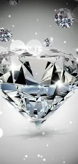 Shiny diamond with shimmering gems on a silver background.