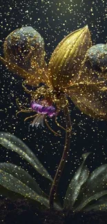 Golden fantasy flower glowing in dark setting, perfect for mobile wallpaper.