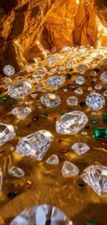 Shimmering gemstones on a golden pathway wallpaper.