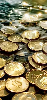 Glistening gold coins submerged in water, creating a luxurious theme.