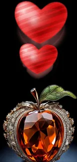 Glistening wallpaper with hearts and jewel apple on black background.