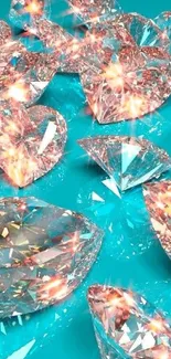 Glistening heart-shaped diamonds on teal background.