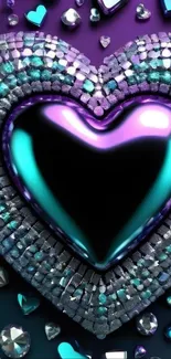 Heart-shaped shimmering gemstone in teal and purple hues.