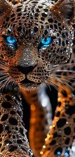 Glistening leopard with vibrant blue eyes artwork.